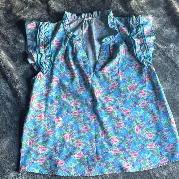 Kori Tops - Kori Floral Ruffle Sleeve Blouse - Blue and Pink